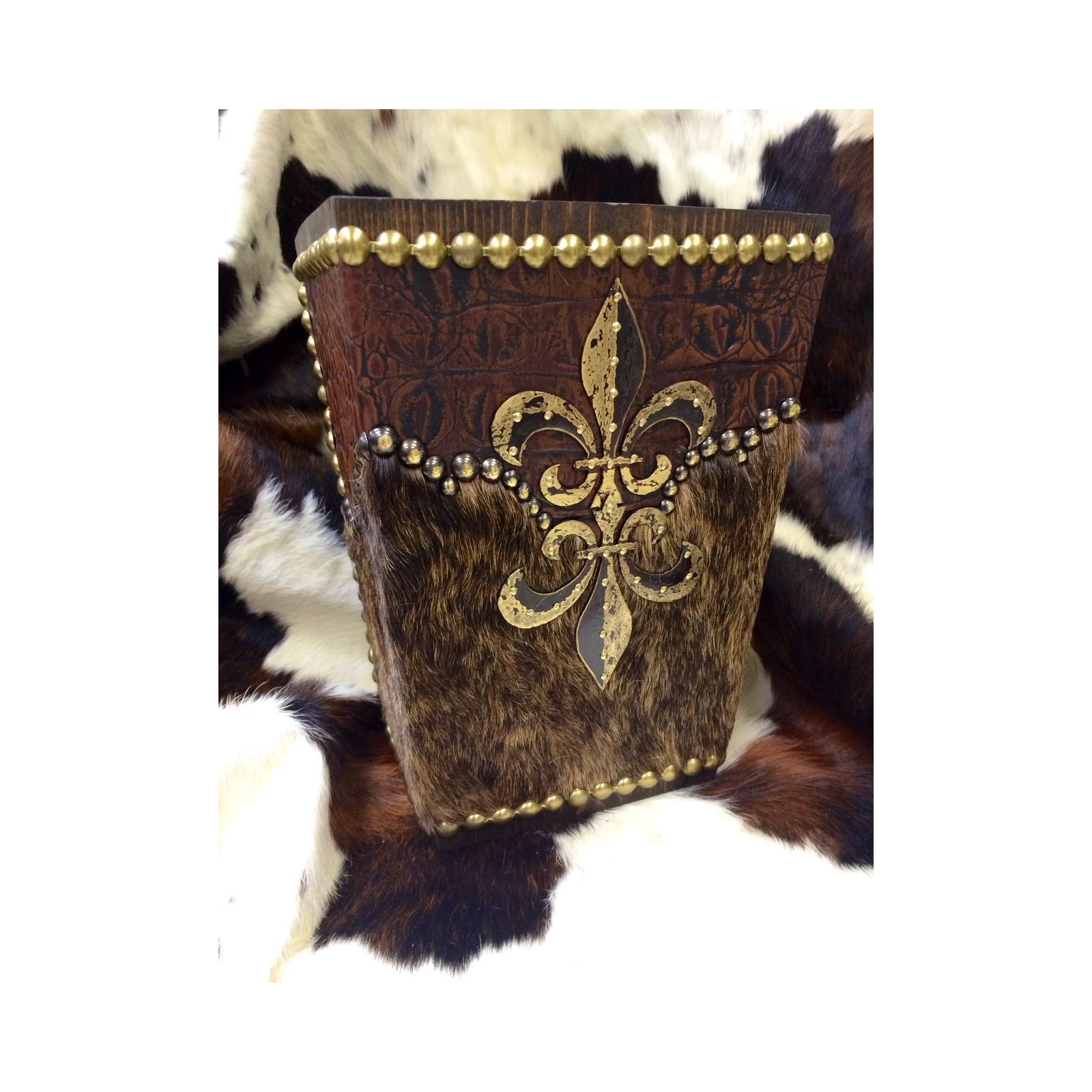 Western Cowhide Fleur-de-Lis Wastebasket
